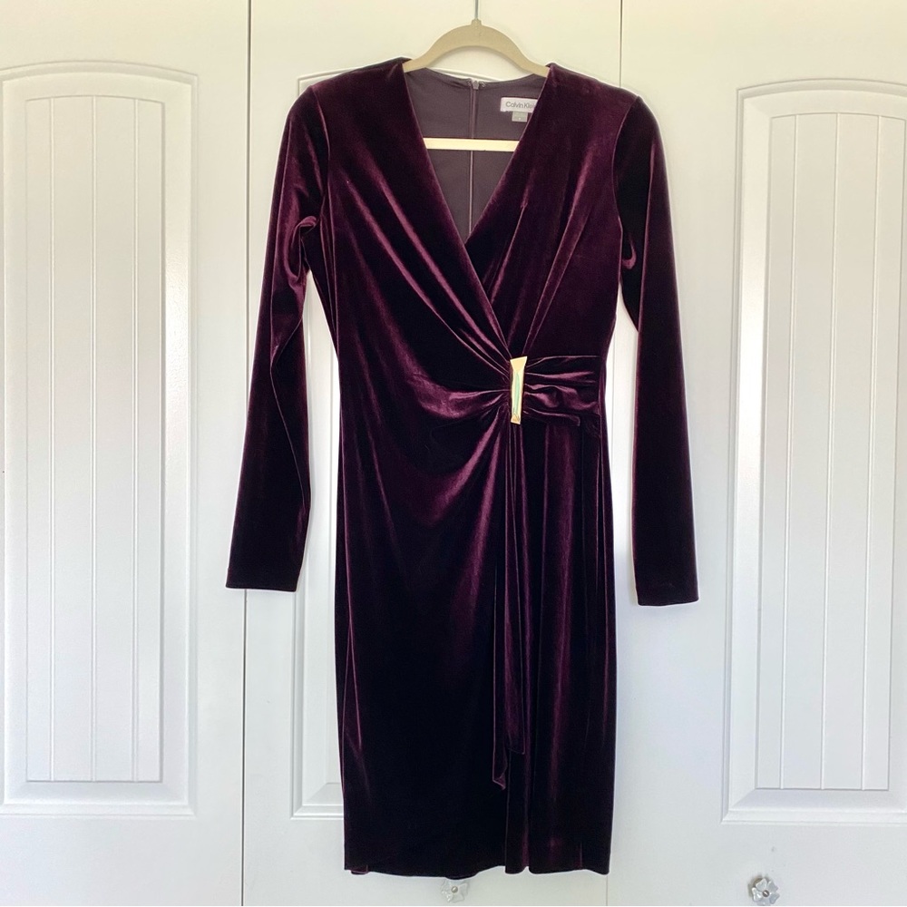 Plum Velvety Long Sleeve Dress With Gold Accent by Calvin Klein